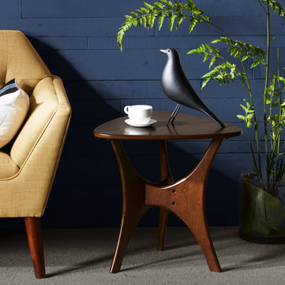 Pecan Wood Side Table In Triangle Design, Adds Grace To Home Shaped Table, Enhances Interior Ambiance