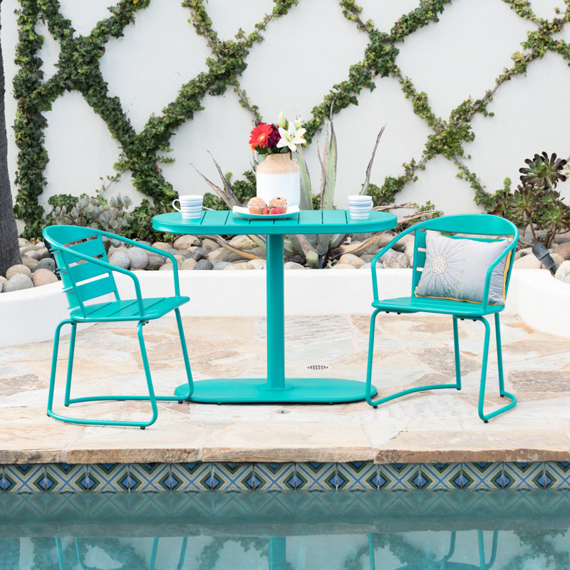 Bistro d'extérieur - Fer en sarcelle, arrangement élégant en fer, sarcelle, 2 chaises et table ovale pour le plaisir du jardin