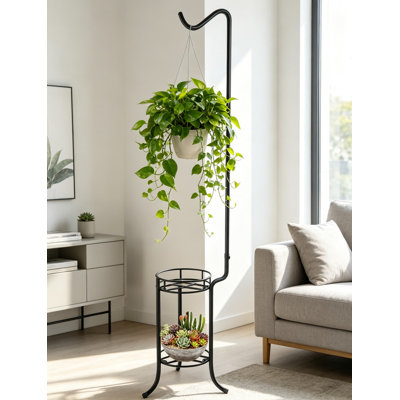 Support pour plante suspendu à 2 niveaux, support pour plante d'angle en métal de 76 pouces de haut avec crochet de berger, support à pot de fleurs robuste pour une utilisation intérieure et extérieure, tablette de plante robuste pour le salon, balcon, patio