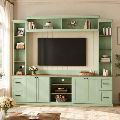Varronel 94.8" 4-in-1 Farmhouse Entertainment Center for TVs Up to 70", TV Wall Unit with Walnut Shelves, Bookshelves, Display Cabinets, 4 Drawers, Ca