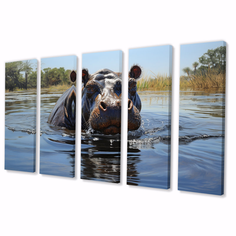 Hippopotame gris, "Rive de rivière II - Hippopotame", art mural 5 pièces, H 28 po x l 60 po