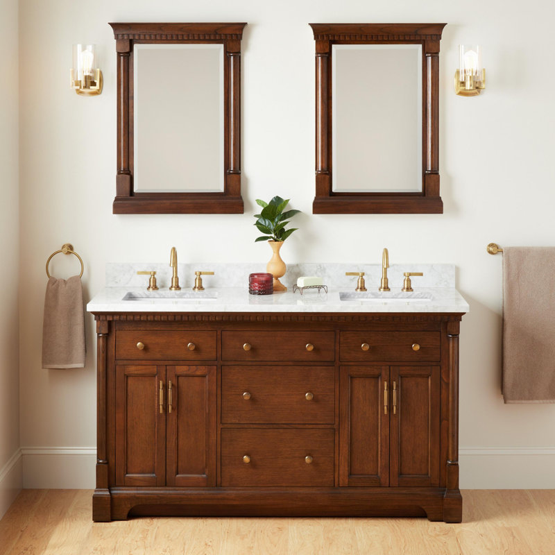 Claudia 60" Mahogany Double Basin Vanity Set with Cabinet, Vanity Top, Antique Coffee, 8" Widespread, Carrara Marble