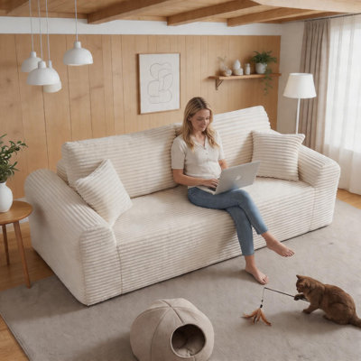 Corduroy 3 Seater Boneless Floor Sofa - 26.4" Deep Seat Cloud Couch With 2 Pillows, Upholstered For Living Room