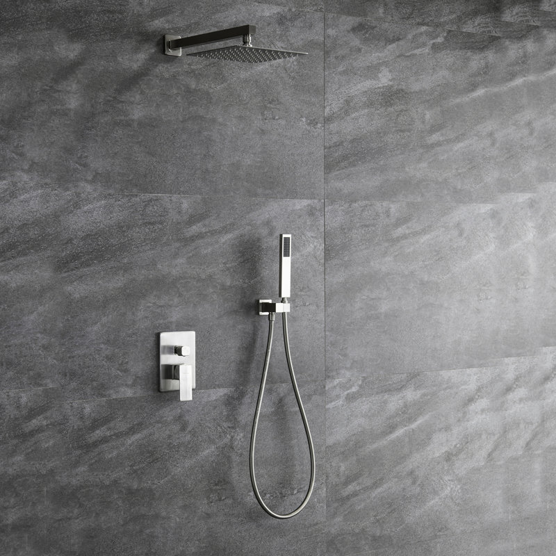 Système de douche carré à pluie avec pomme de douche 10 po, nickel brossé, valve d'équilibre, 2 têtes, laiton massif, installation murale surdimensionnée, noir mat et balance, laiton