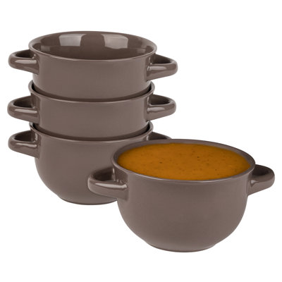 Kook Ceramic French Onion Soup Crocks with Handles, 18 oz, Brown, Set of 4