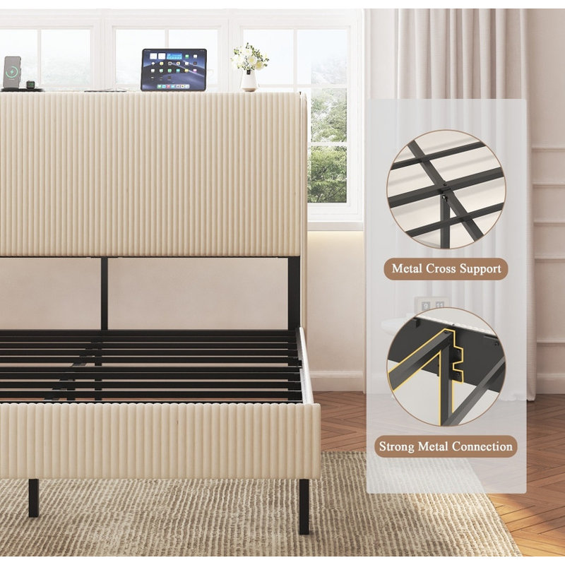 Full Size Beige Metal Platform Bed - Modern Design with Integrated Charging Station | Noise-Free Structure, No Box Spring Required, Sturdy & Stylish
