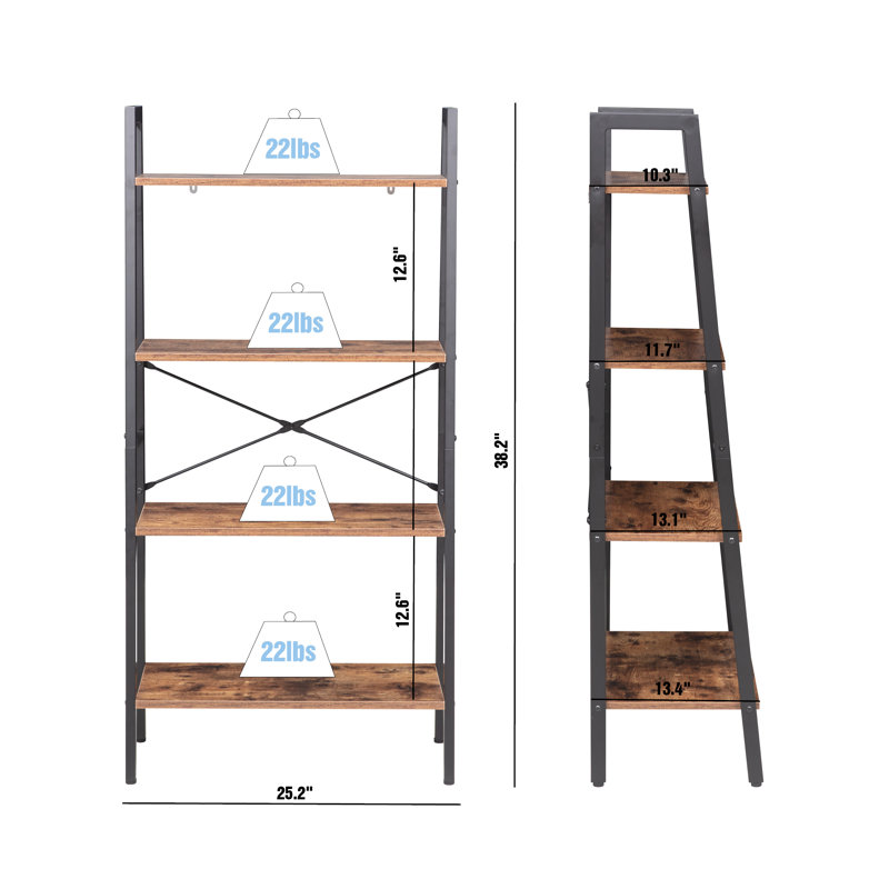  Industrial 4-tier Bookshelf, Freestanding Rustic Display Bookcase Storage Rack Shelf Plant Stand For Living Room Home Office