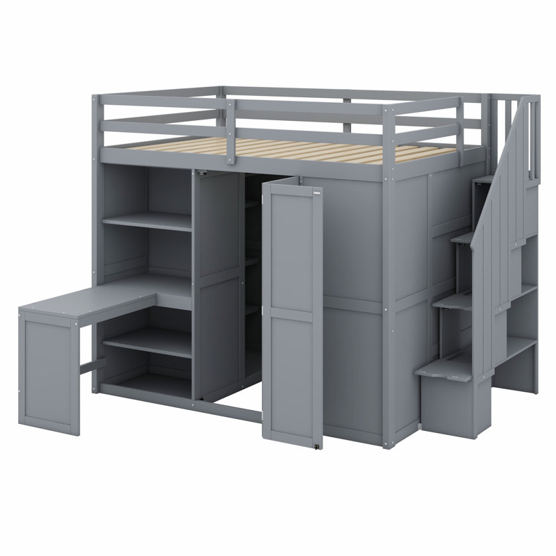 Lit mezzanine en bois avec garde-robe, escalier de rangement, bureau et tablettes, Gris