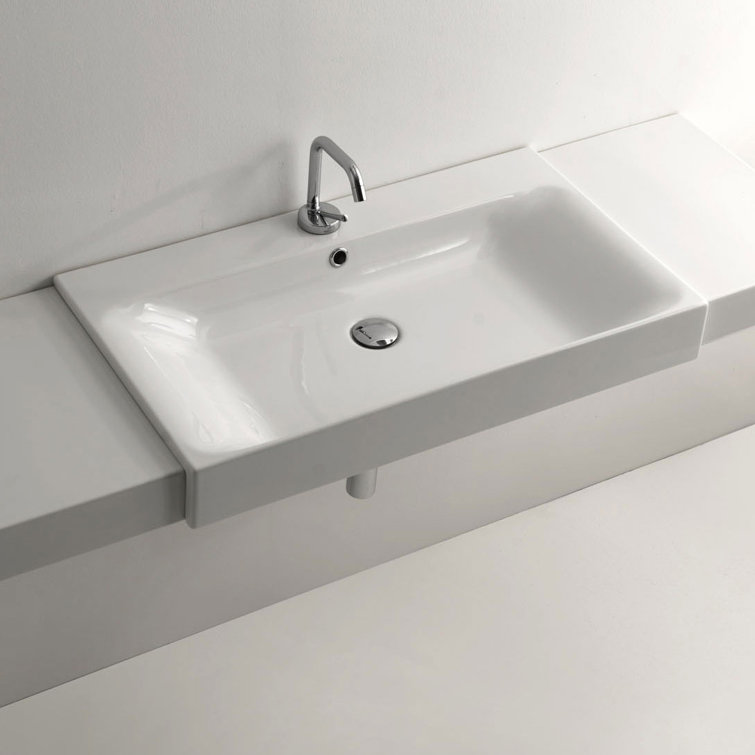 Cento Ceramic Rectangular Semi-Recessed Vessel Bathroom Sink and Overflow
