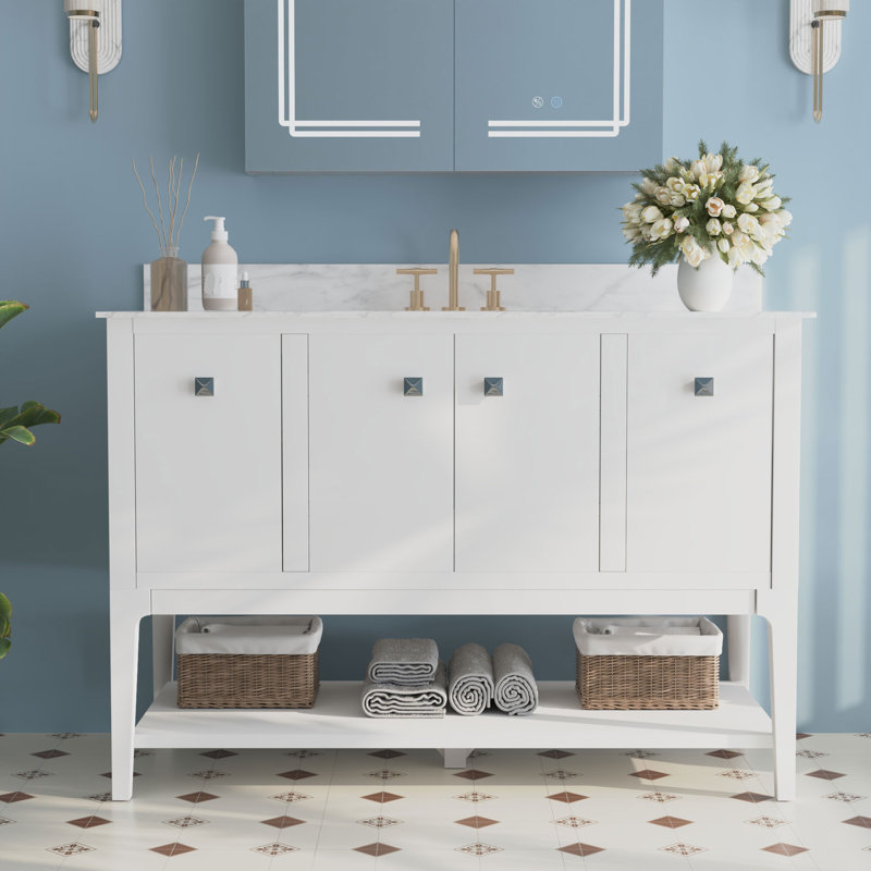  Vela 48" Fully Assembled Single Bathroom Vanity with Engineered Marble Top, Soft Closing and Splash Guard, White
