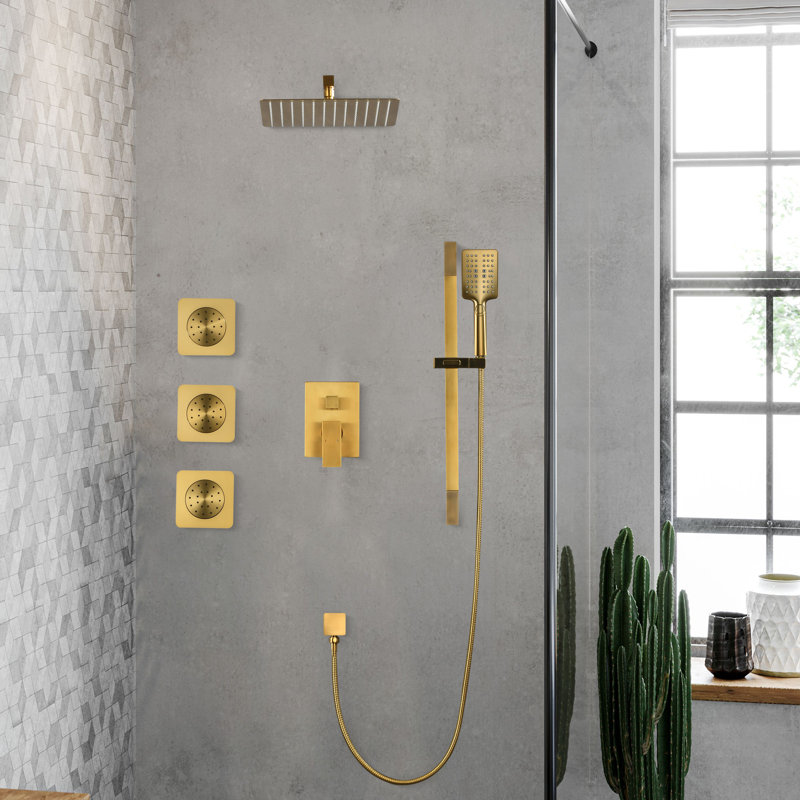 Shower System With 3 Body Jets,12 Inch Wall Mounted Rainfall Shower Set Rain Shower Head And Handheld Spray, Brushed Gold