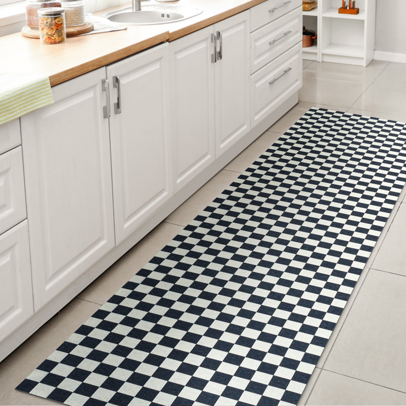 Mariquilla Modern Cottage Checkerboard Washable Dark Blue/White Rug, Runner 2' x 8'