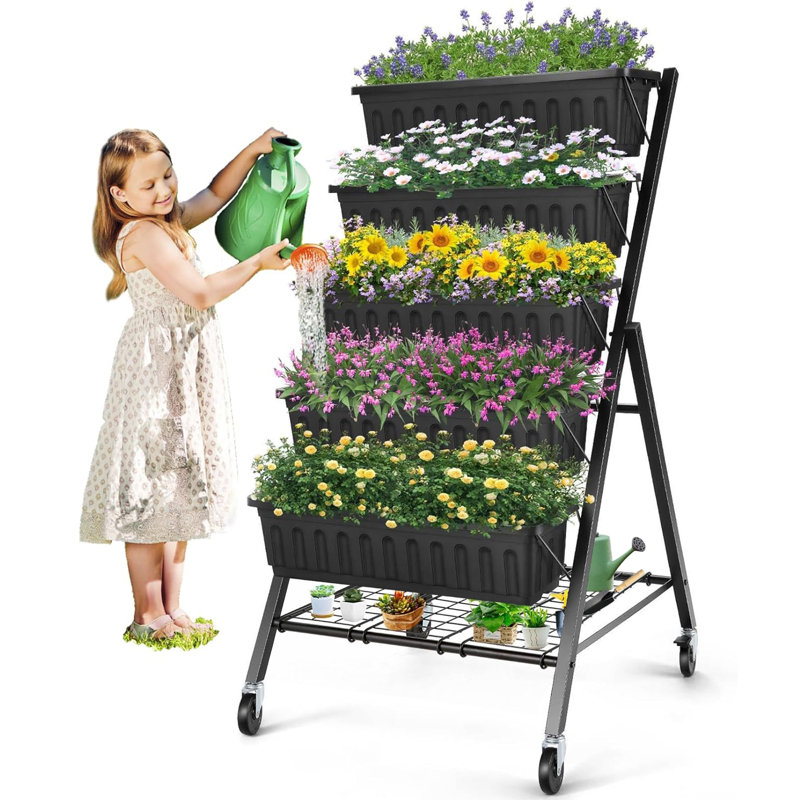 Denishia 5-Tier Vertical Garden Metal Raised Garden Bed Elevated Planter Box with 4 Hooks, Removable Locking Wheels and Storage Shelf
