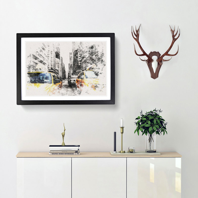 Two Yellow Taxi Cabs In New York Watercolour - Picture Frame Graphic Art, 35cm H x 50cm W x 2cm D, Black