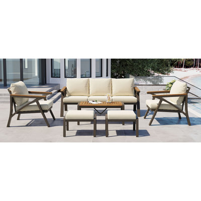 Ensemble de 6 meubles de patio pour l'extérieur, ensemble de canapé à structure en acier avec canapé à 3 places, 2 fauteuils, 2 repose-pieds et table basse en bois d'acacia, sièges rembourrés pour la cour, le jardin et la piscine