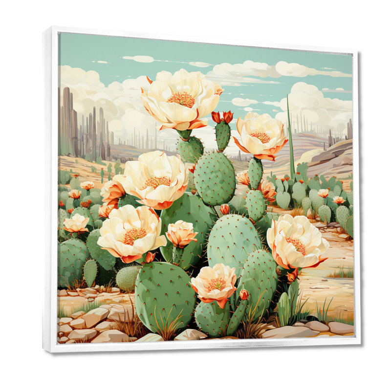 Cactus vert corail, désert, pointillisme IV - art mural grand cactus, Cadre flottant blanc, 44" H x 44" W