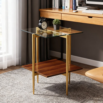 Modern End Table With 2-Tier Glass Top And Walnut Shelf, Mid-Century Sofa Table With Conical Gold Metal Legs For Living Room