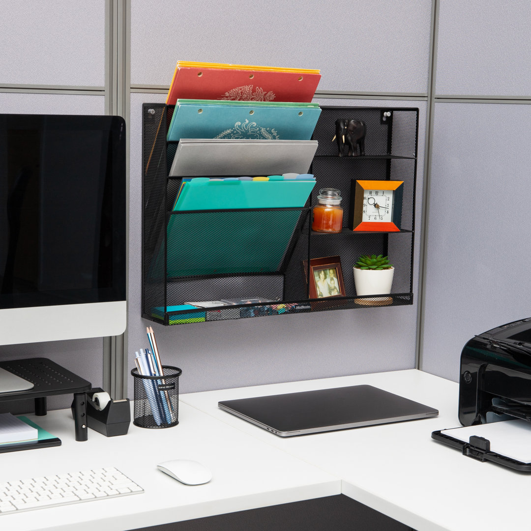 Mind Reader 4-Tier Vertical File Storage and Shelves, Desktop Organizer, Wall Mount, Office, Metal Mesh, 22.5"L x 4"W x 16"H Mind Reader