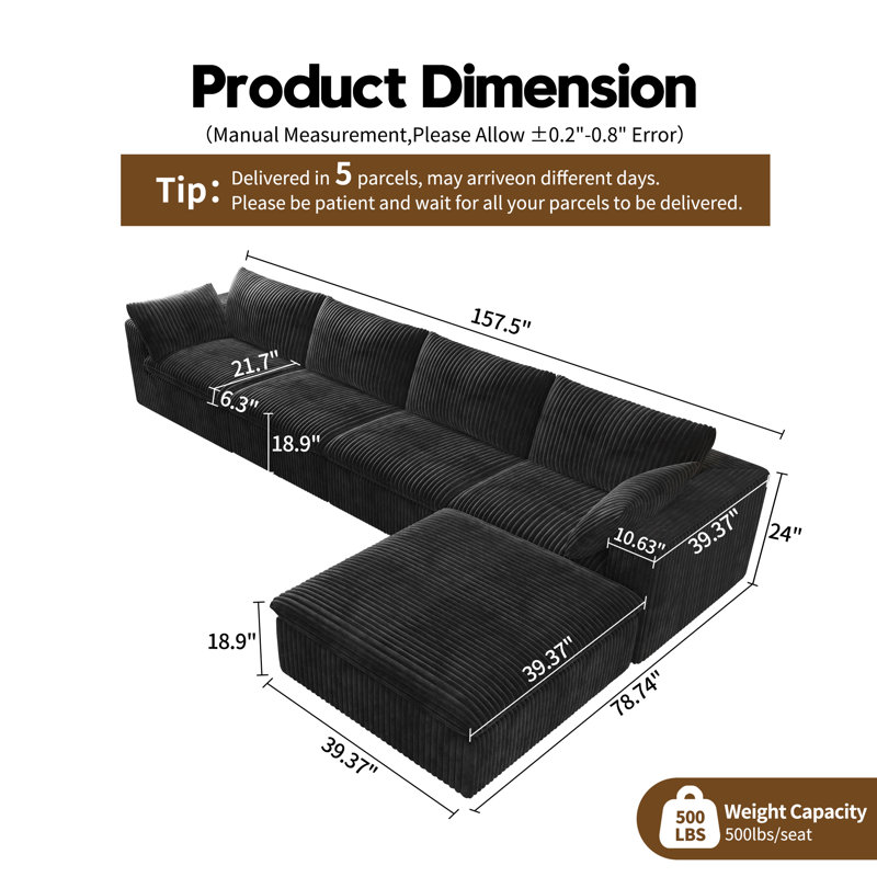 Canapé modulaire Boneless LoveSeat Cloud, canapé en velours côtelé l 78,7 po avec repose-pieds, 3 pièces, aucun assemblage requis