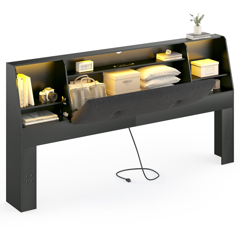 Bookcase Headboard with Charging Station & LED Lights, Upholstered Storage Headboard with Open Shelves, Black, King