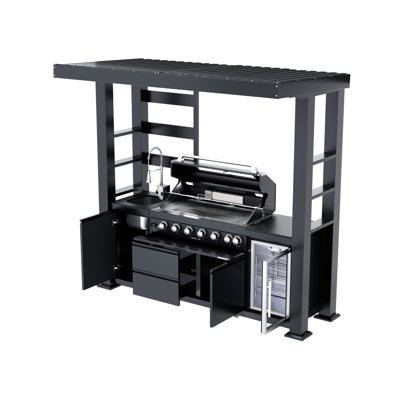85000 Barbecue de cuisine d'extérieur à 6 brûleurs de 94 pouces avec refroidisseur à vin et armoires de rangement. Capot double, jauge de température, lumières halogènes. Fabriqué en granit en acier inoxydable de qualité marine