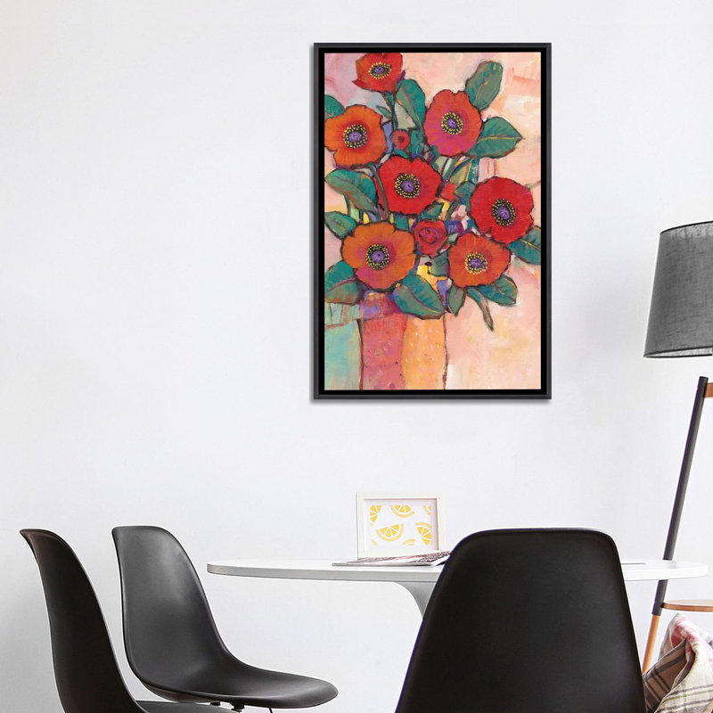 Coquelicots dans un vase I - reproduction d'art murale - toile encadrée, H 40 po x l 26 po, Noir patiné