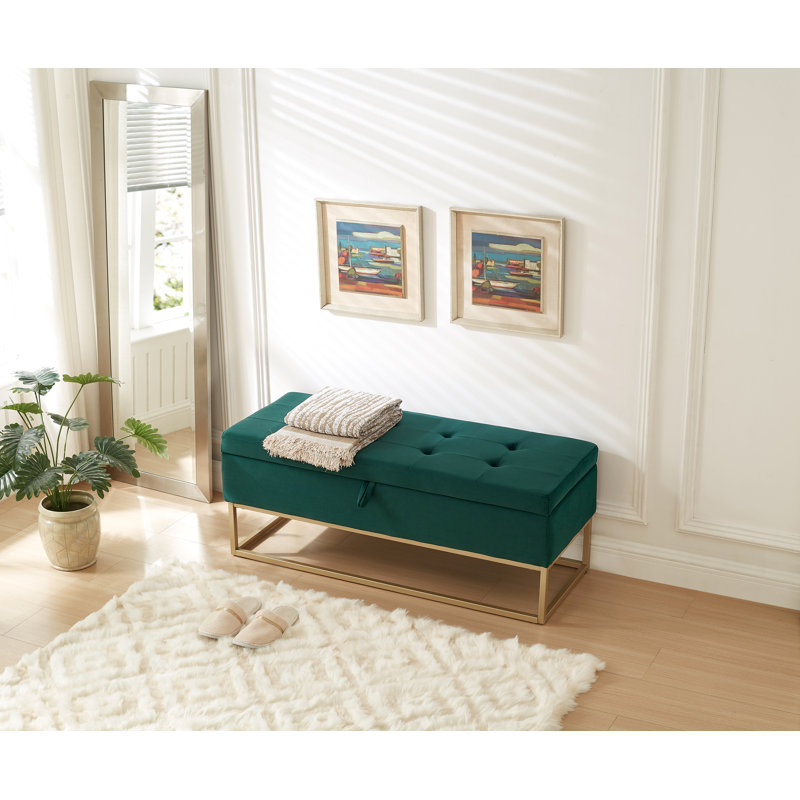 Jiayi 46.1'' Velvet Upholstered Storage Bench, Gold, Green