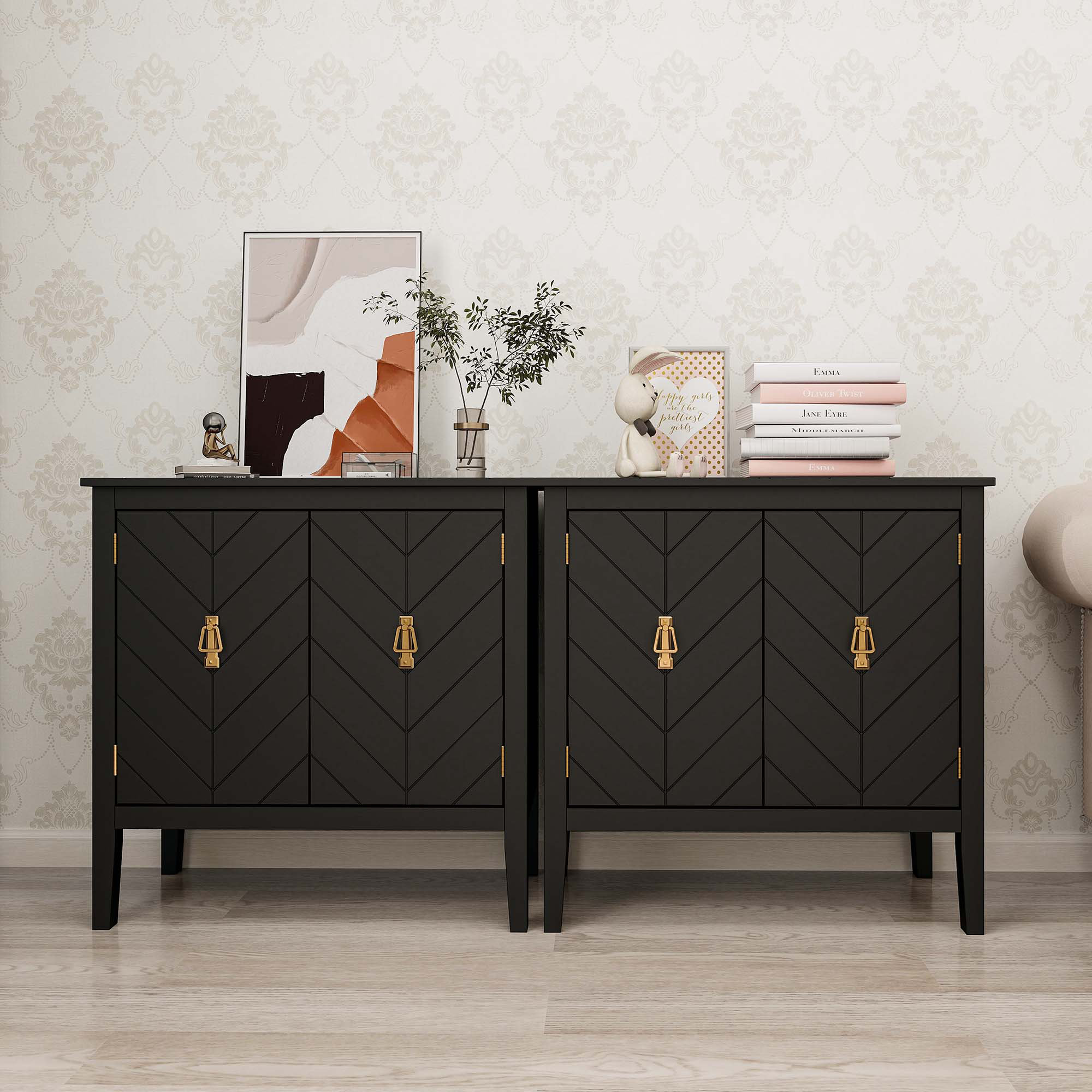 Mercer41 Set Of 2, 2 Door Wooden Cabinets, Black Wood Cabinet Vintage ...