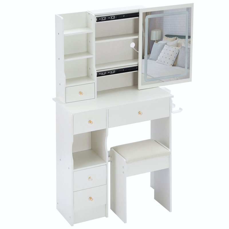 29.2" Small Size Left Drawer Desktop Vanity Table + Cushioned Stool, 2 Ac+2 Usb Power Station, Hair Dryer Bracket, Extra Large Touch Control Sliding Led Mirror, Tri-Color Switching, Brightness Adjust