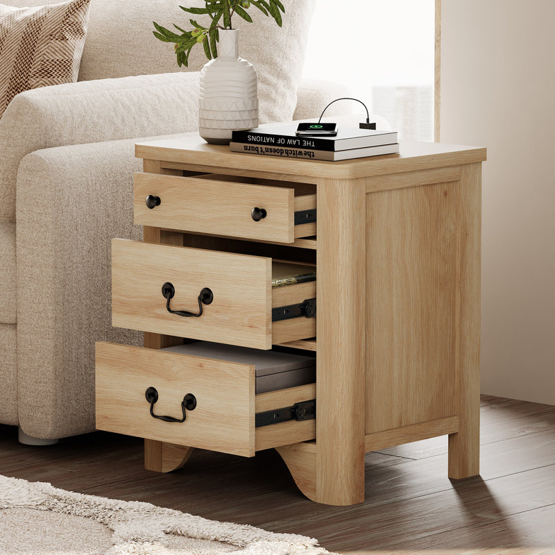 Farmhouse Wood Nightstand With Built-In Charging Station,3-Drawer End Table For Bedroom, Living Room,Entryway, Oak