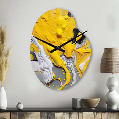 Yellow and Grey Cosmic Vibrations II - Abstract Asymmetrical Metal Wall Clock, Yellow Irregular Shape Wall Clock Print