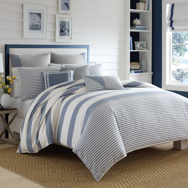 Nautica Fairwater Cotton Blue Duvet Cover Set, Queen Duvet Cover + 2 Standard Shams