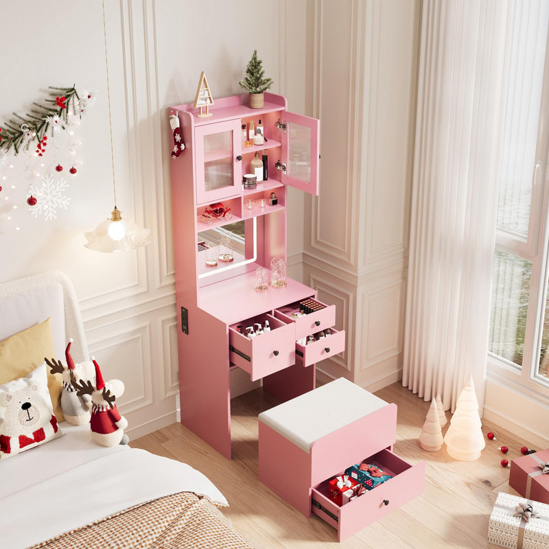 Bureau de coiffeuse avec miroir à DEL et prise de courant, petit ensemble de coiffeuse à maquillage avec 4 tiroirs et armoire, coiffeuse compacte avec fauteuil de rangement rembourré et 3 modes d'éclairage pour la chambre à coucher