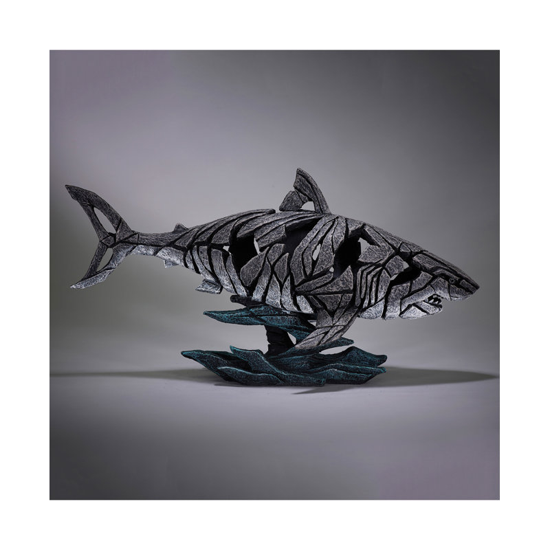 Hand-Painted Resin Shark Sculpture with Wave Base, 12.2 Inch