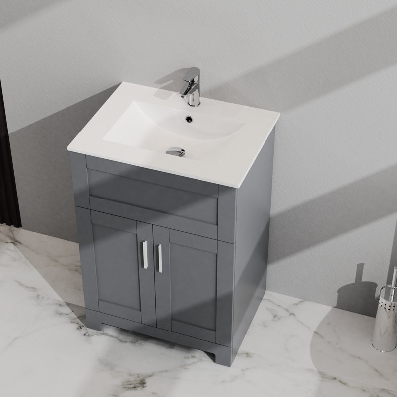 Meuble-lavabo de 24 po avec lavabo gris - Panneau de rangement élégant à 2 portes, méthode d'installation sans effort - Armoire en céramique de finition