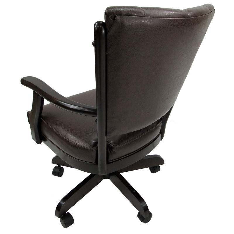 Keshera Swivel Wood Caster Chair with Arms, Brown Vinyl, Dark Cherry Wood