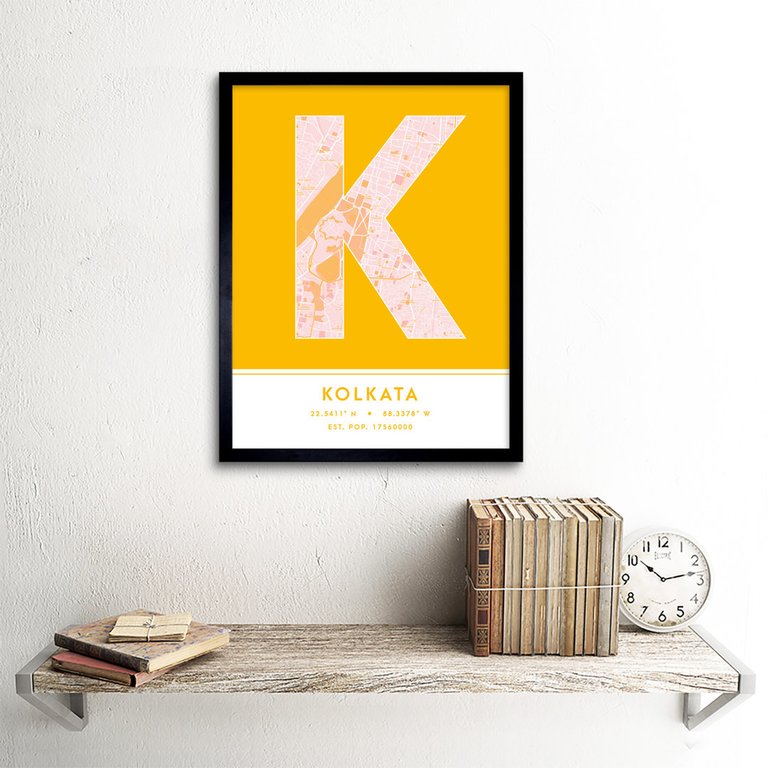 Kolkata City Map Kolkata Yellow by Wee Blue Coo - Single Picture Frame Typography