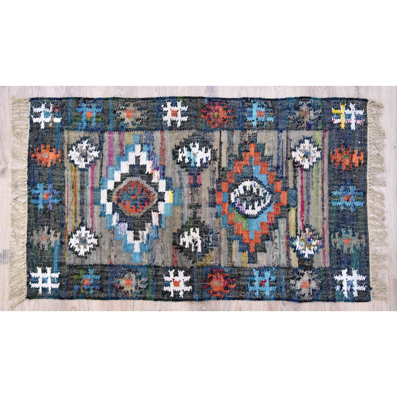 Tapis bleu/gris en coton fait main kilim Rey, Rectangle 8 pi x 10 pi