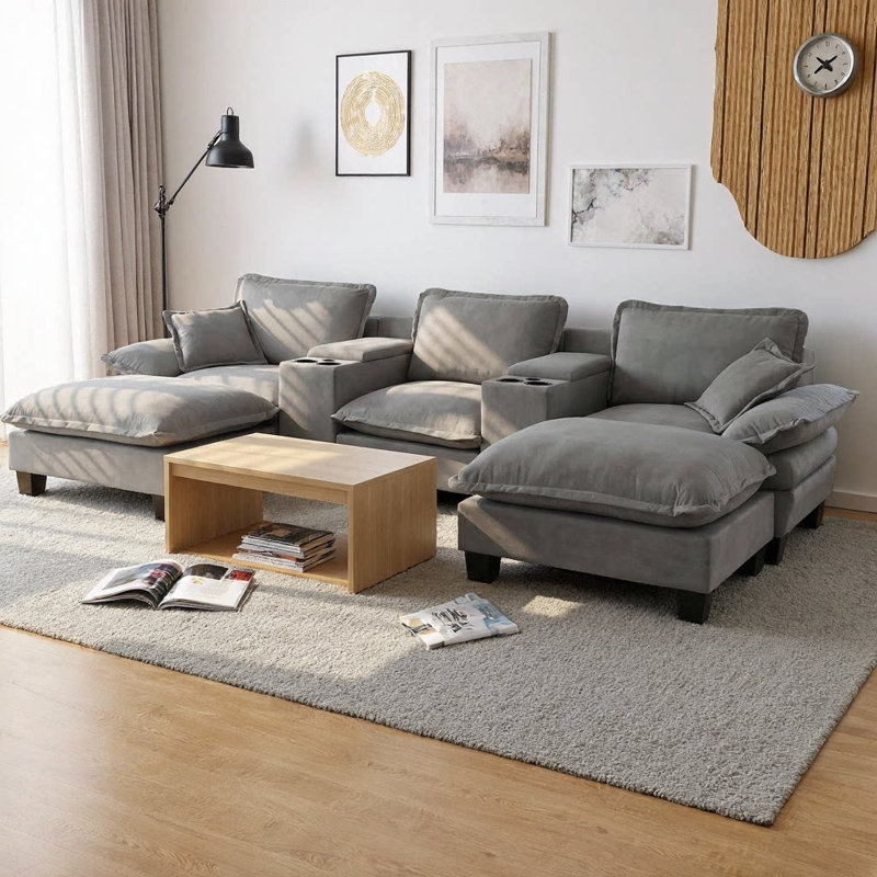 Canapé modulaire en U à 5 places avec porte-gobelets, rangement et port USB, 2 repose-pieds et 2 coussins, tissu chenille doux pour le salon