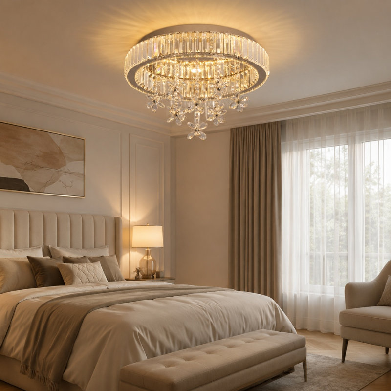 Round Crystal  Chandelier Modern  LED Ceiling Light Flush Mount Close To Ceiling Light For Living Room Bedroom (3 Light Temperatures Can Be Changed)