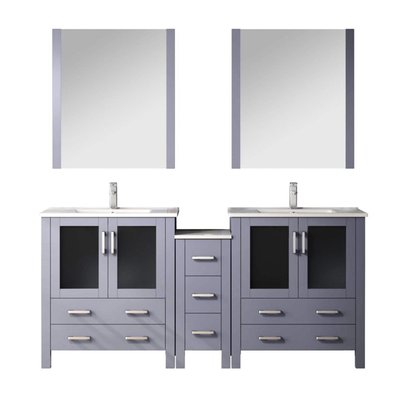 Gris foncé foncé de 72 po Large meuble-lavabo double avec armoires latérales, robinet, 28 miroirs et teinture - comptoir gris, robinet en céramique