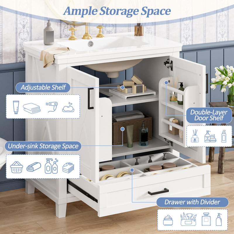 Meuble-lavabo autoportant de 30 po avec comptoir en céramique, Blanc