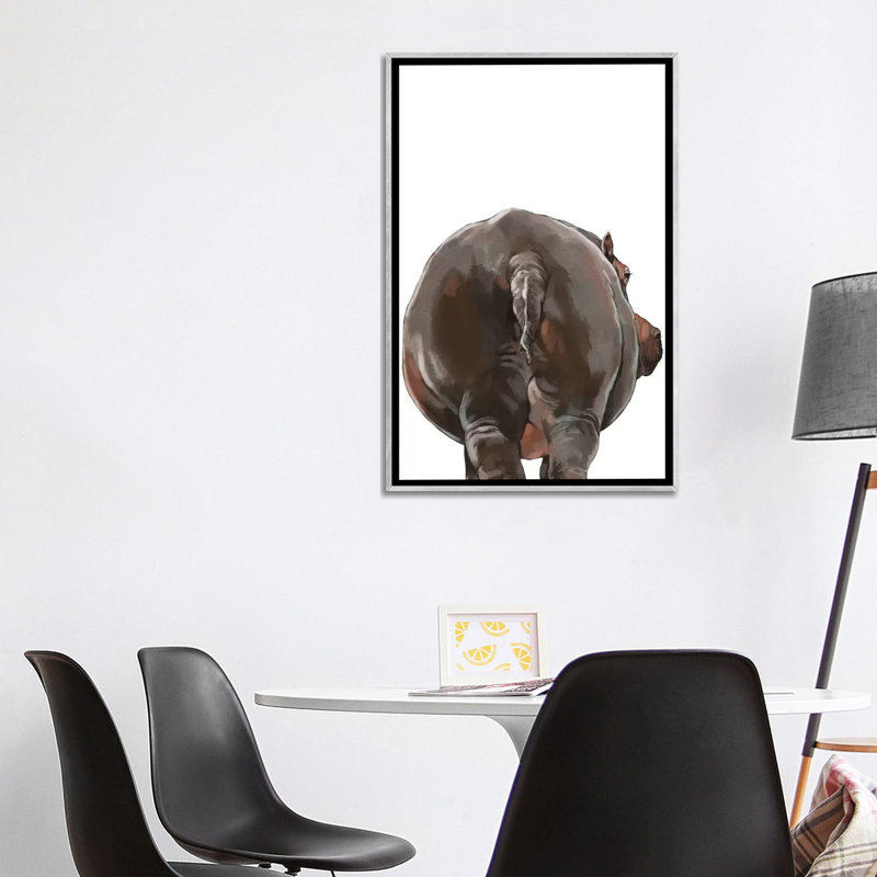 Art hippopotame, Toile avec cadre argenté, H 48 po x l 32 po x P 1,5 po