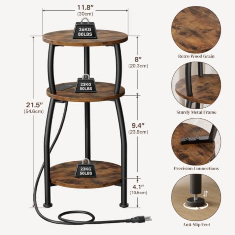 Table d'appoint ronde avec station de charge, table de chevet idéale pour les petits espaces | Table d'appoint à 3 niveaux pour canapé, ports USB-C et USB, petite table d'appoint pour salon, chambre, dortoir, brun rustique