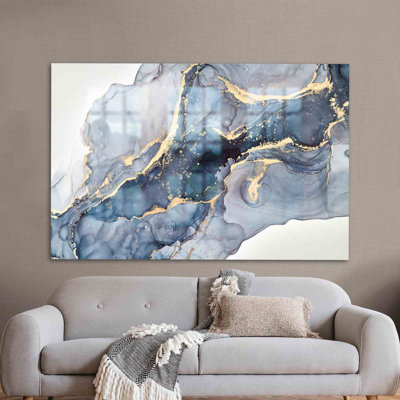 Modern Glass Art Wall Decor Featuring Blue Cream and Yellow Marble Prints for a Sophisticated Touch in Your Living Space or Office