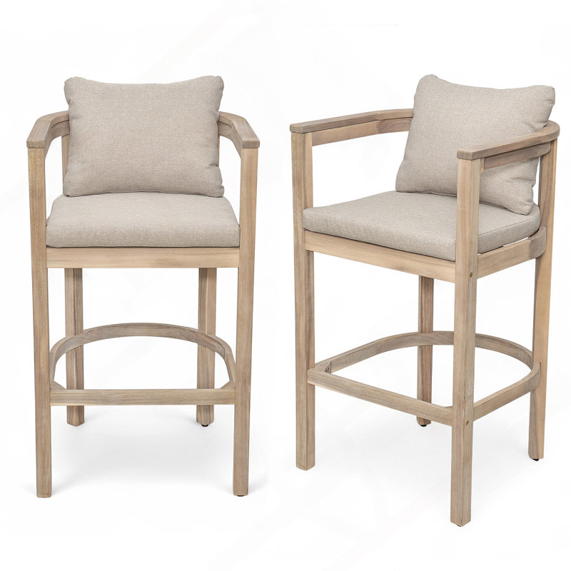 Tabouret de bar d'extérieur en bois au fini blanc clair avec coussin beige, ensemble de 2, Beige