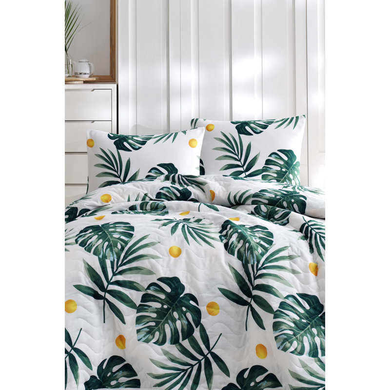 Ensemble de couvre-lit double élégant, mélange de 100% coton et polyester, 78,7 po x 86,6 po | Comprend 2 taies d'oreiller de 19,7 po x 27,6 po | Lavable à la machine, fermeture à boutons, doux et durable, élégant design blanc, vert et jaune