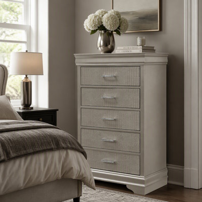 5-Drawer Tall Chest Modern 1Pc Solid Wood Wooden Crocodile Texture Crystal Tufted Handle Bedroom Home Furniture