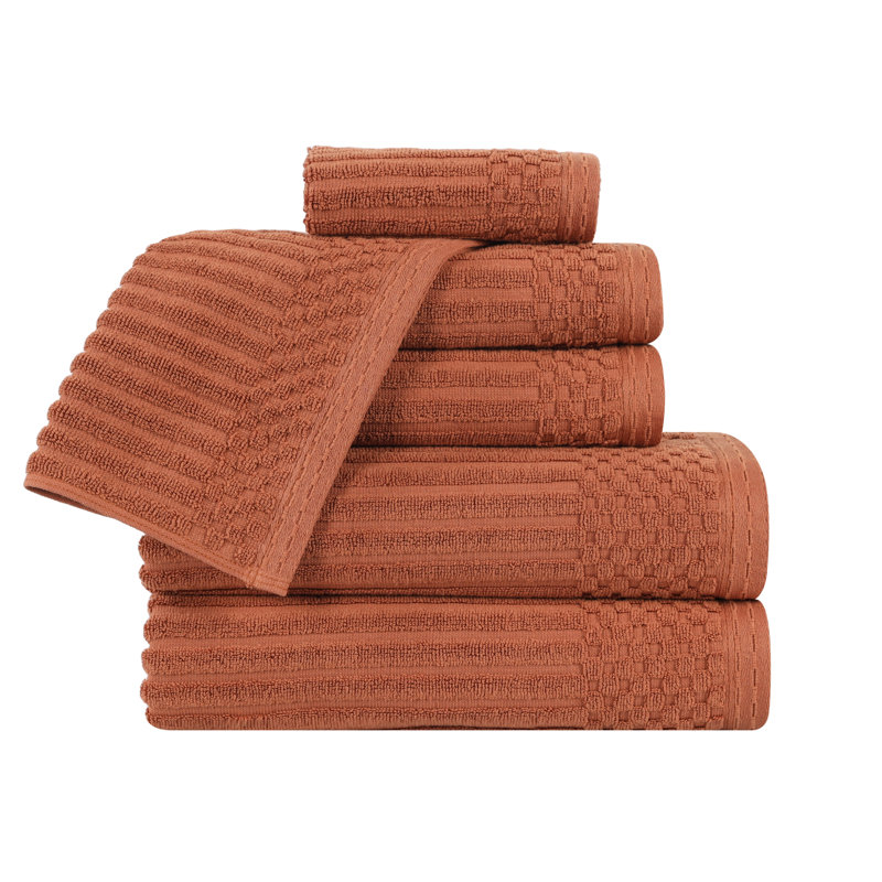 Kaelea Soho Cotton Ribbed Checkered Border Medium Weight 3 Piece Assorted Bathroom Towel Set, 6 Piece Towel set, Rust