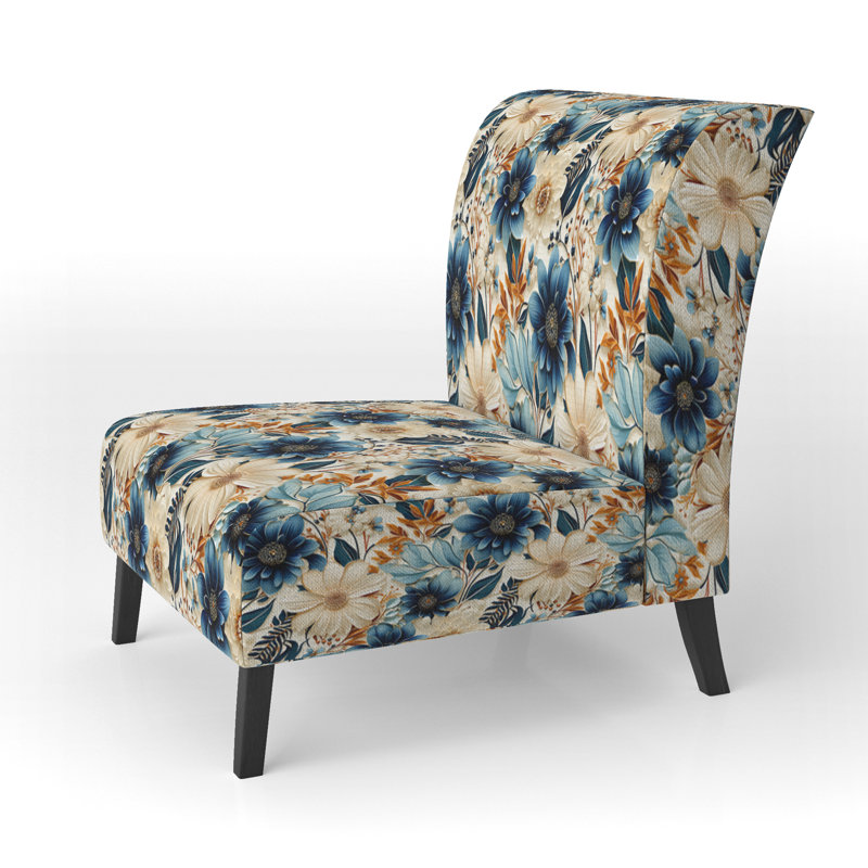 Hibiscus Boho blanc bleu - fauteuil de chambre rembourré de style campagnard, fauteuil décoratif floral rustique